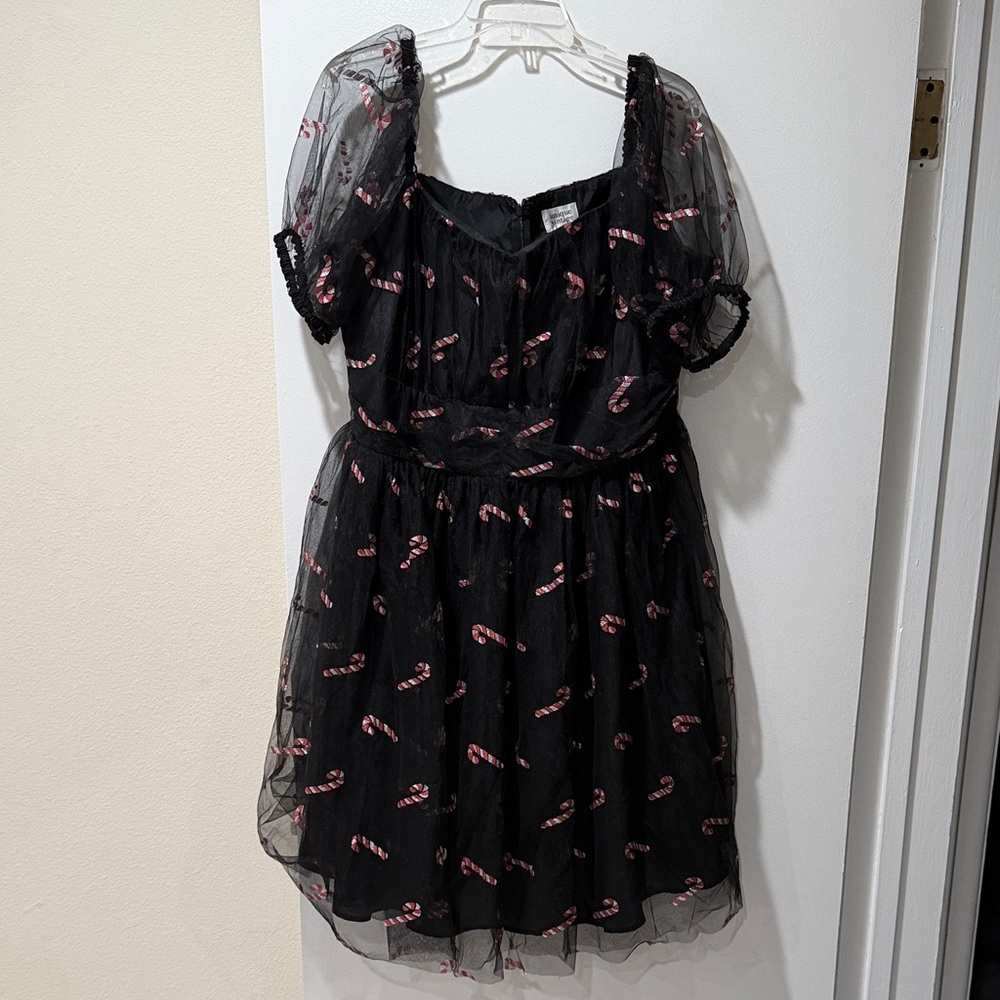 Unique Vintage Black Tulle Mini Dress with Candy Cane Print - Picture 2 of 9